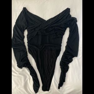 Cross Wrap Off Shoulder Ruched Detail Mesh Panel Bodysuit